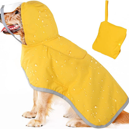 Dog wearing the raincoat in yellow with the hood up, shown beside its matching fold-up storage pouch.