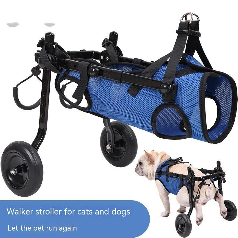 Dog wheelchair product graphic labeled 'Walker stroller for cats and dogs' with a French bulldog using the wheelchair