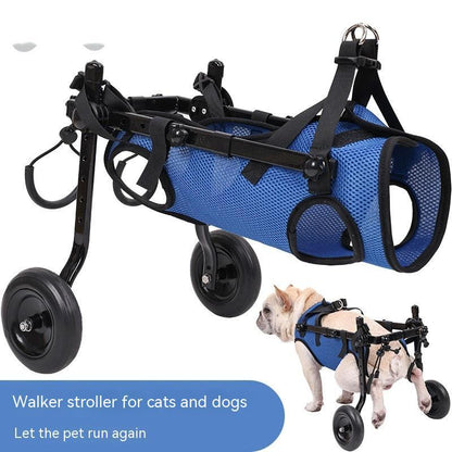 Dog wheelchair product graphic labeled 'Walker stroller for cats and dogs' with a French bulldog using the wheelchair
