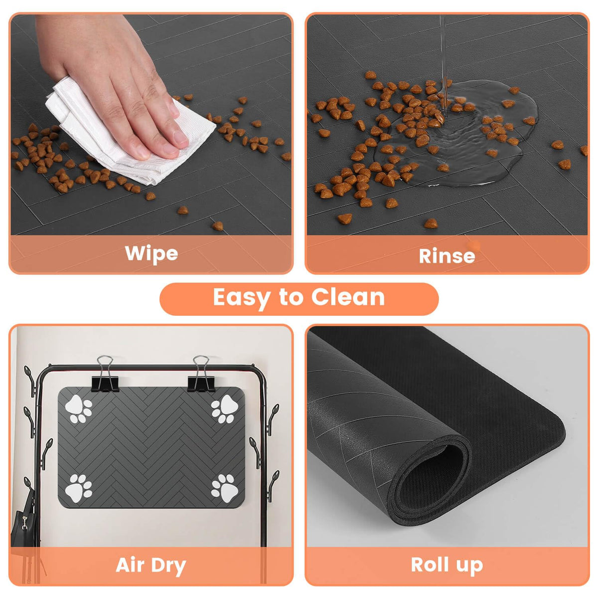 Four-step cleaning guide for the pet feeding mat: wipe up spills, rinse, air dry on a rack, then roll up for storage