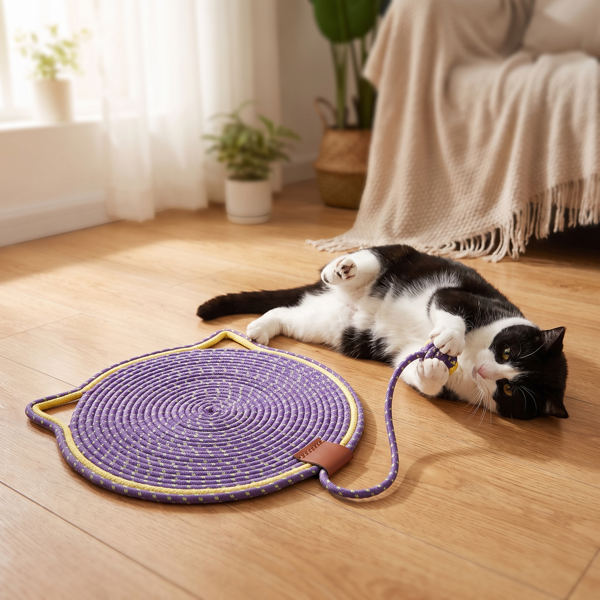 White cat scratching mat on wooden floor with tuxedo cat playing on its back