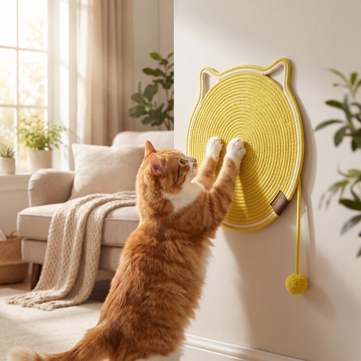 Water ripple grey cat scratching mat mounted on wall, cat reaching up to scratch
