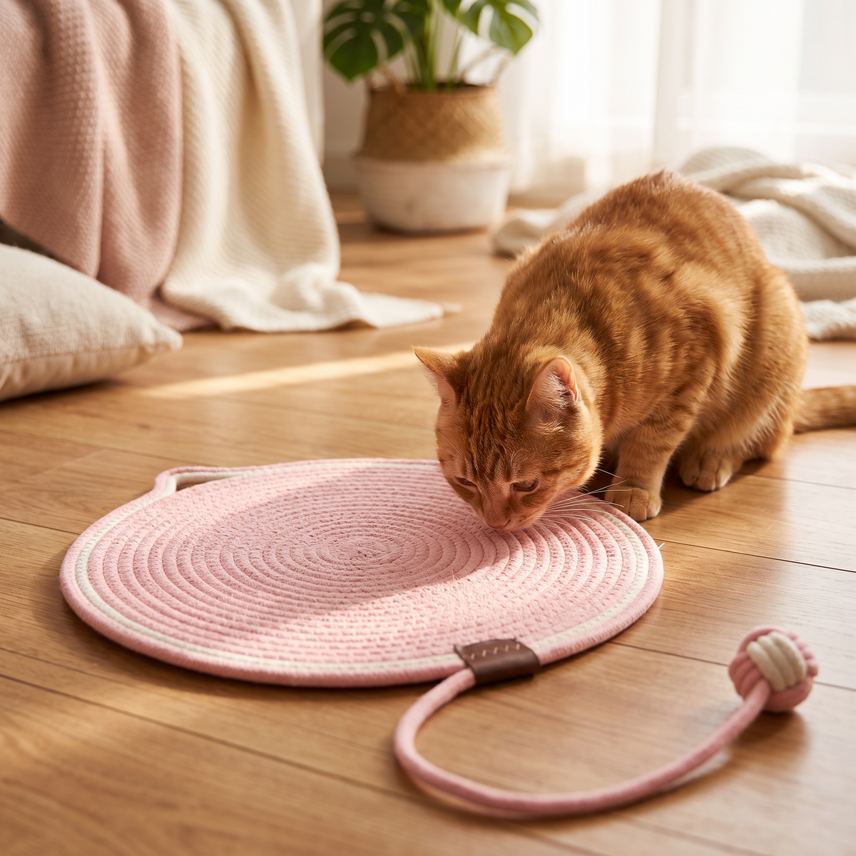 Brown cat scratching mat on wooden floor with ginger cat sniffing the edge