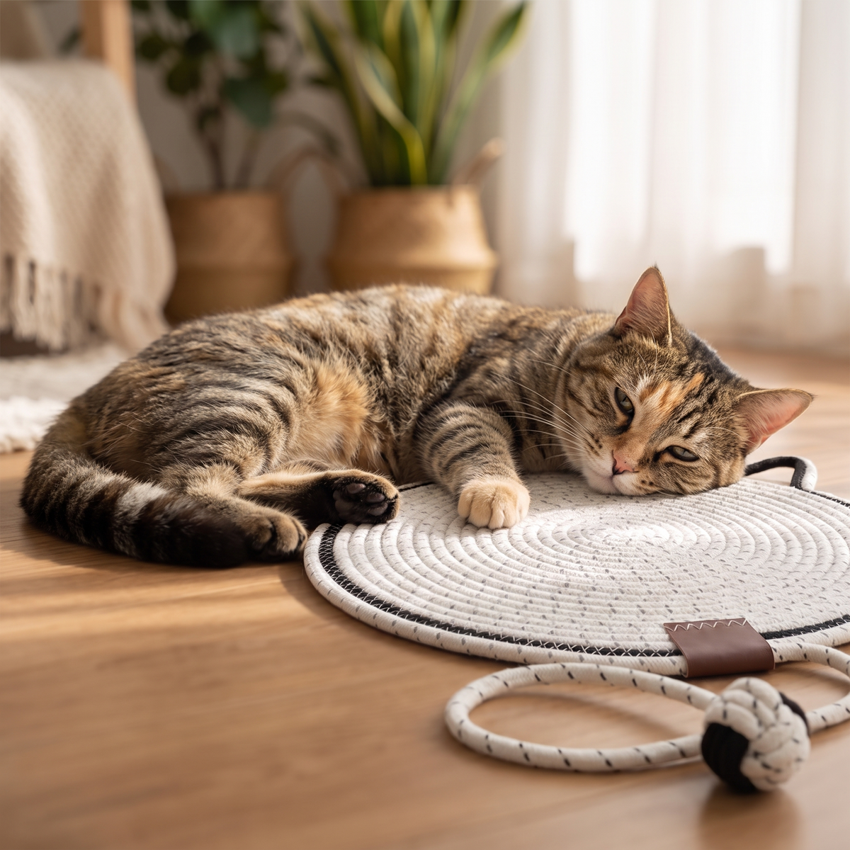 Black cat scratching mat on wooden floor with tabby cat curled up beside it