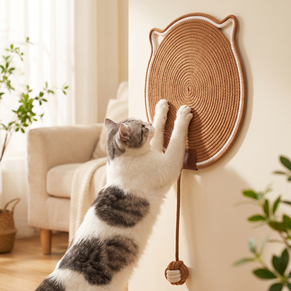 Pink cat scratching mat mounted on wall with cat standing and scratching energetically