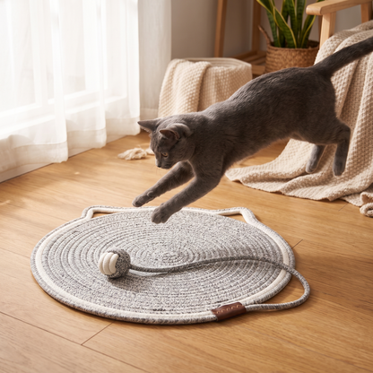 Yellow cat scratching mat on wooden floor with grey cat pouncing toward it
