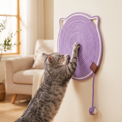 Polka dotted purple cat scratching mat mounted on wall, grey tabby cat actively scratching it