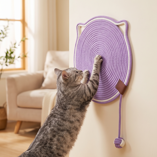 Polka dotted purple cat scratching mat mounted on wall, grey tabby cat actively scratching it