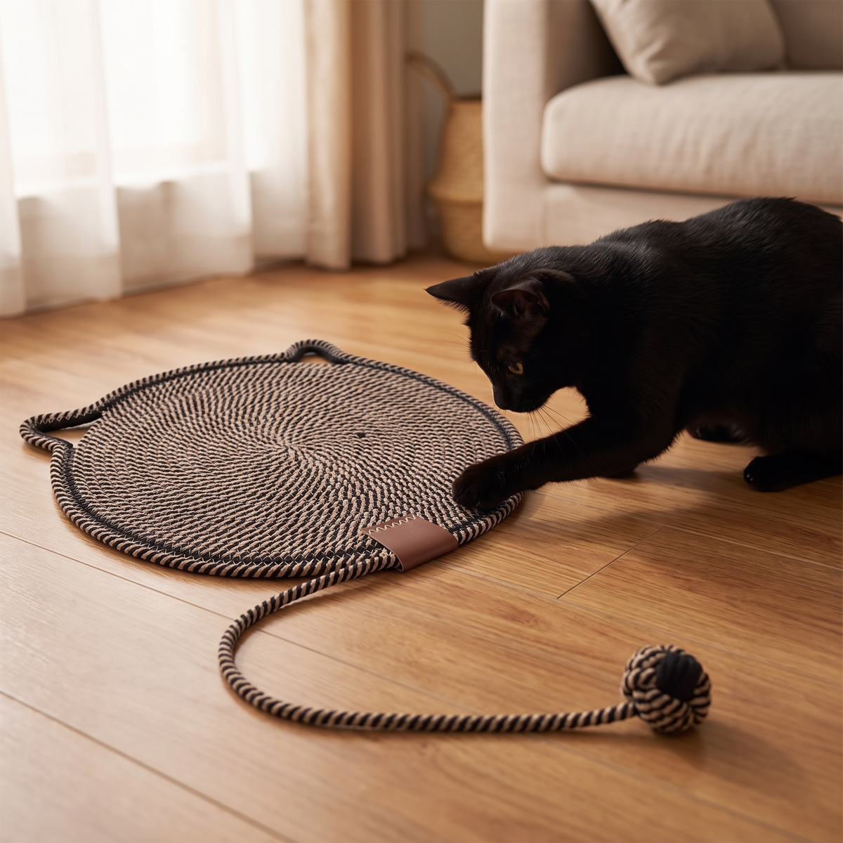 Purple cat scratching mat on wooden floor with black cat batting the pompom toy