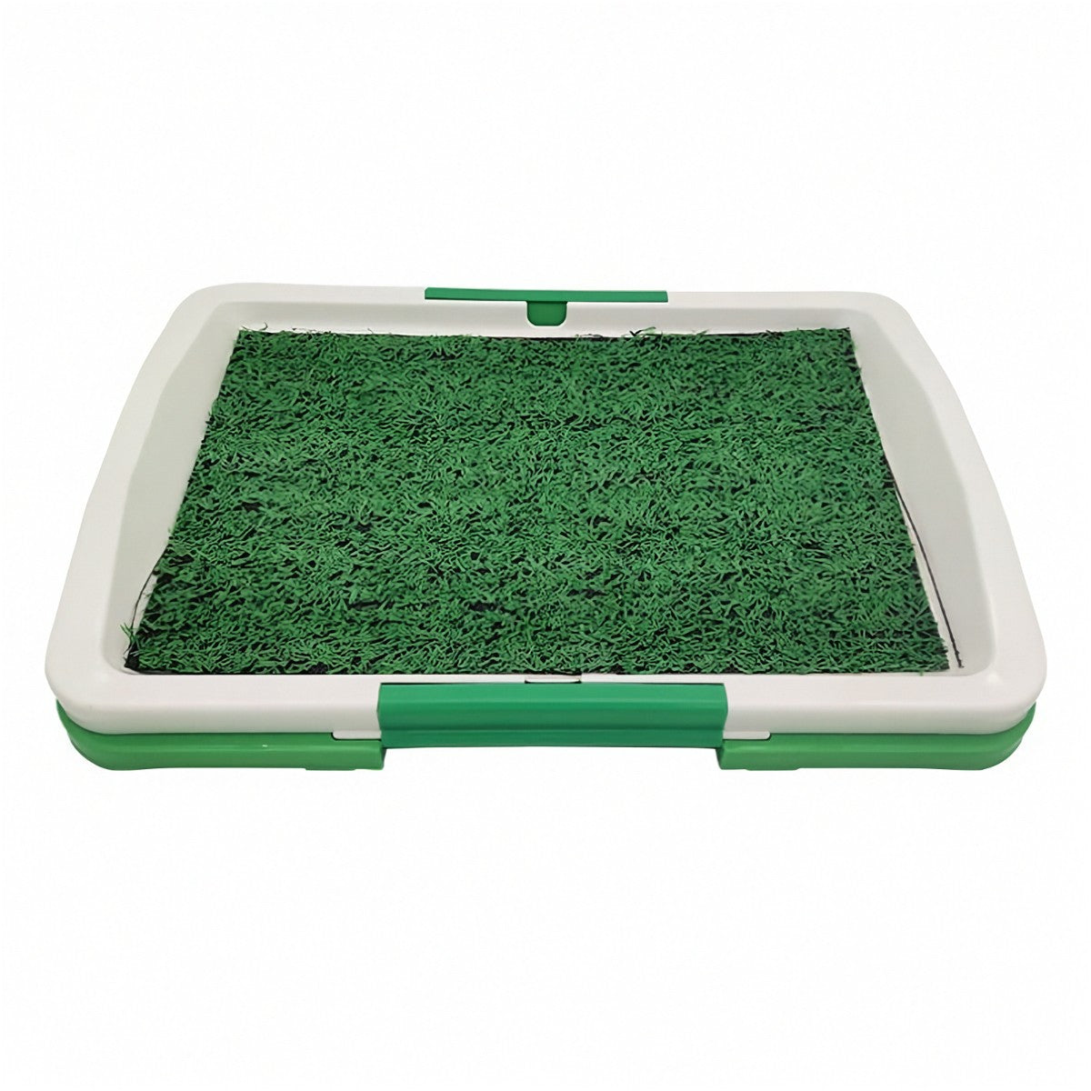 Assembled artificial turf grass patch dog toilet tray on a white background
