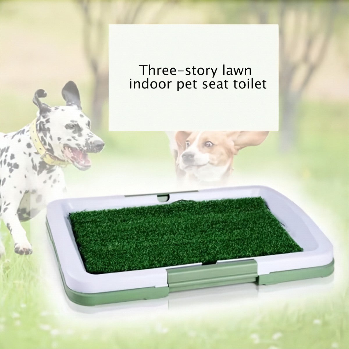 Three-layer indoor grass pet toilet tray shown with two dogs in a marketing banner