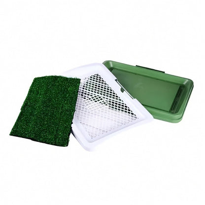 Exploded view of the dog toilet's three layers: artificial grass mat, drainage grid, and base tray