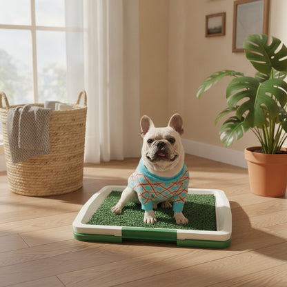 French Bulldog standing on the grass dog toilet tray near a woven laundry basket, natural daylight, lifestyle scene 3