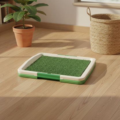 Grass dog toilet tray on a wood floor next to a potted plant, cozy living room, lifestyle scene 4